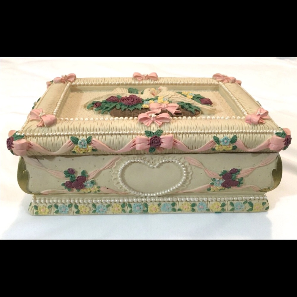 Vintage Ornate Cast Resin Jewelry Box with Doves, Flowers, & Beadwork - Picture 2 of 11